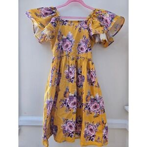 Next Girls Mustard Yellow Floral Flutter Sleeve Cutout Back Cotton‎ Dress Size 7